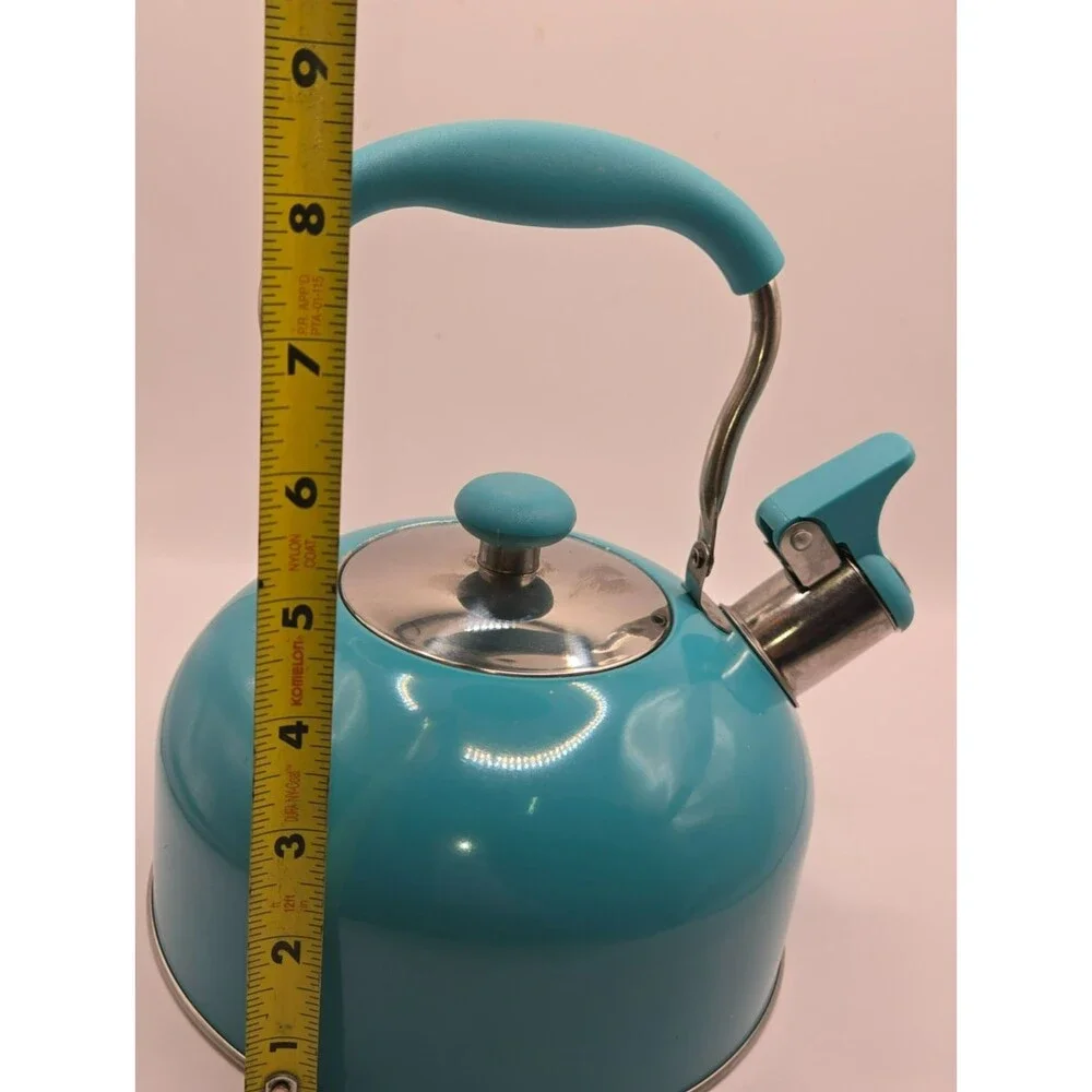 Vibrant Teal / Turquoise Whistling Tea Kettle – Stainless Steel Base (1.5–2 Qt)